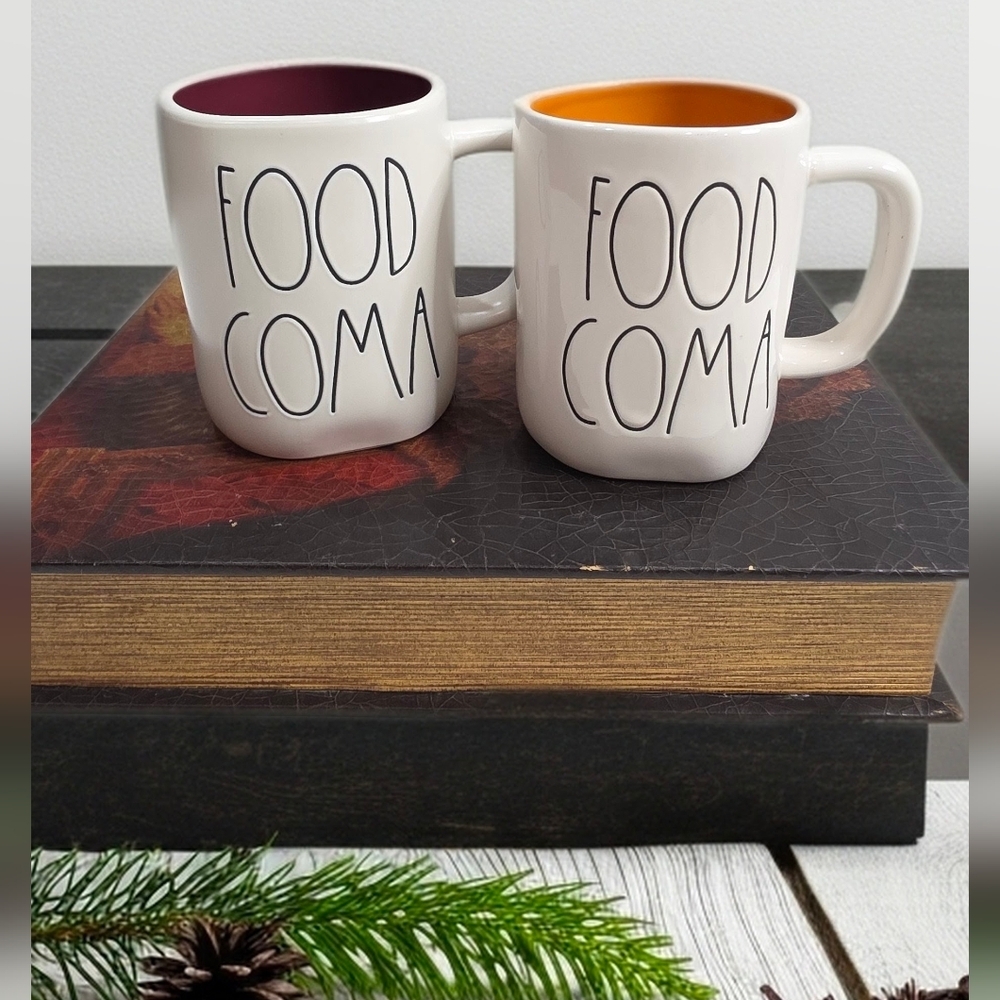 Rae Dunn Food Coma Mug Set - White with Orange and Purple Interiors